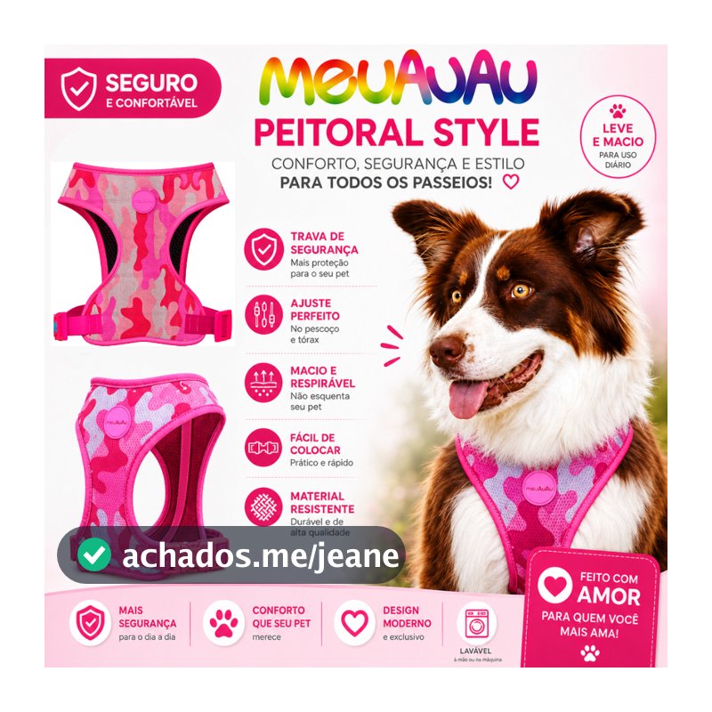 Coleira Peitoral Cachorro meuAuAu - Todas raças - York - Bulldog - shitzu - Pug - Golden