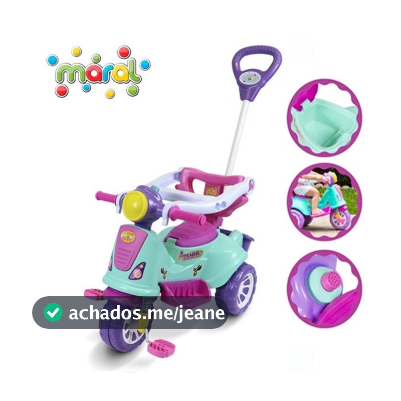 Carrinho de Passeio Triciclo Avespa Motoca com Pedal Apoio de pé e Haste Empurrador Infantil Maral