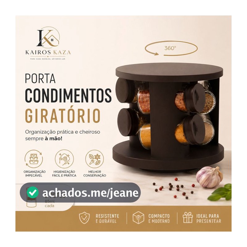 Porta Tempero Com 6 Potes de Vidro Giratório 360° – Organizador de Temperos Cozinha Preto