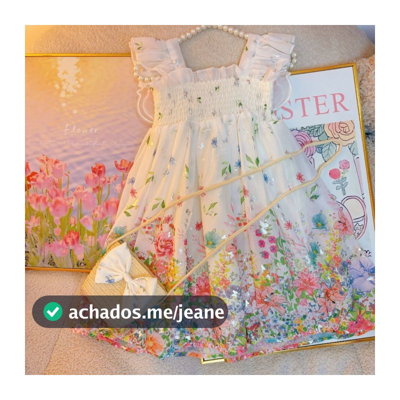 Vestido Infantil com Chapéu de Palha Estilo Princesa Floral Doce para o Verão