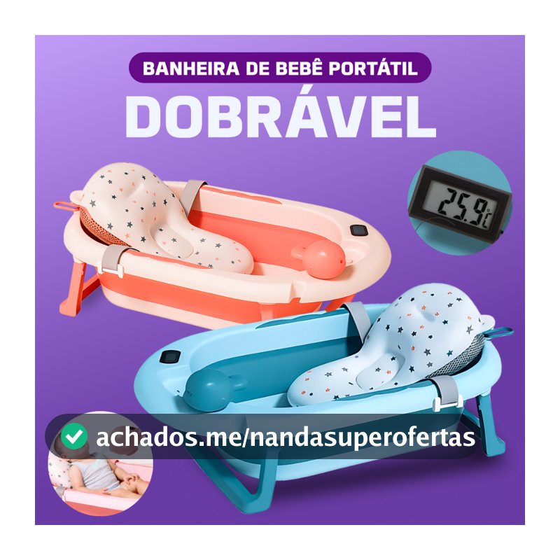 Banheira Azul ou Rosa para bebe com termômetro digital + almofada + chuveirinho de mão Dobrável