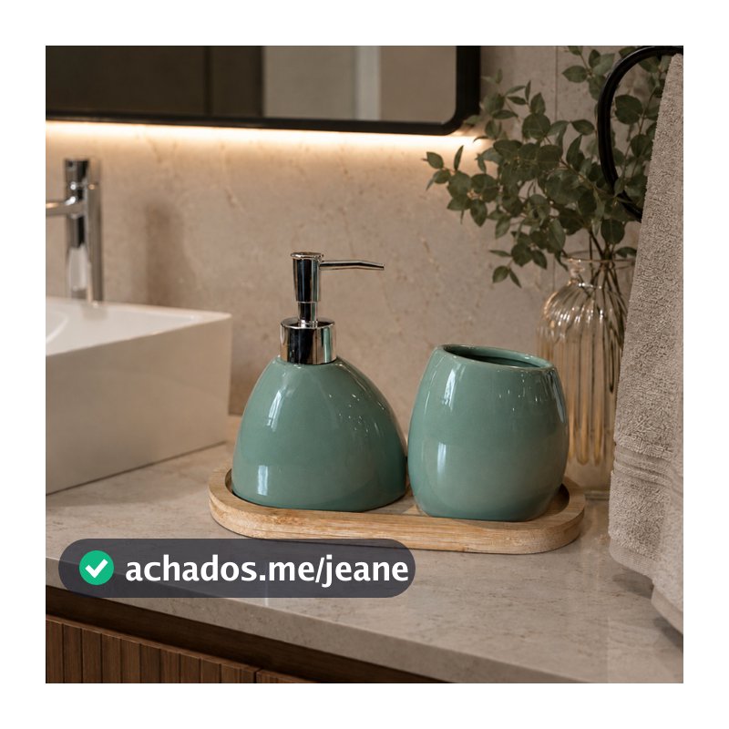 Kit Banheiro Lavabo 2 Peças + Bandeja de Bambu Porta Sabonete Líquido Suporte p/Escovas Em Cerâmica