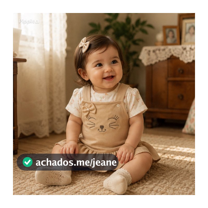 Conjunto para Bebê Menina Salopete Sarja Bordada Gatinha + Camisa Ribana Estampada Verão