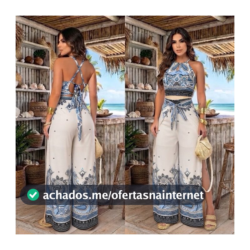 Conjunto Calça Envelope Pantalona Forrada Cropped Com Bojo Estampada