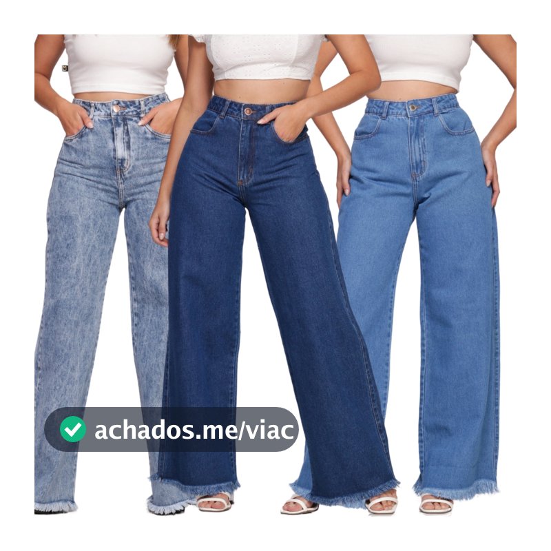 Calça Jeans Feminina Cintura Alta Wide Leg Com Bolso