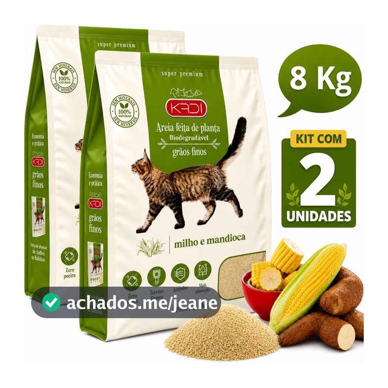 Kit 02 Areia Grãos Finos Milho Mandioca Kadi De 4 Kg Biodegradáveis Para Gato