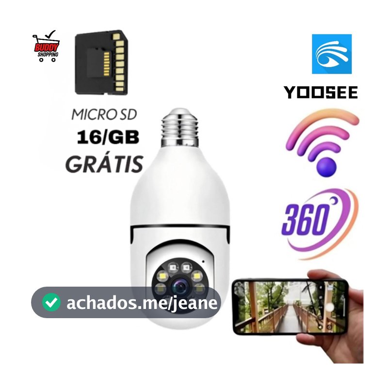 Câmera Lâmpada Wifi 360 IP Segurança Full HD PTZ + Cartão SD 16GB