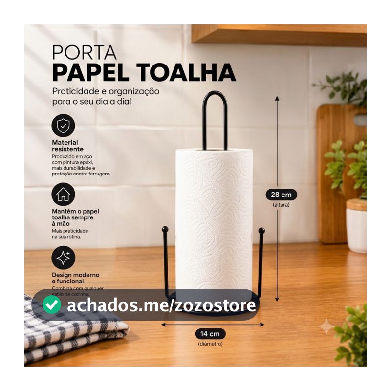 Porta Papel Toalha de Mesa Preto 28cm em Aço com Pintura Epóxi Suporte para Papel Toalha