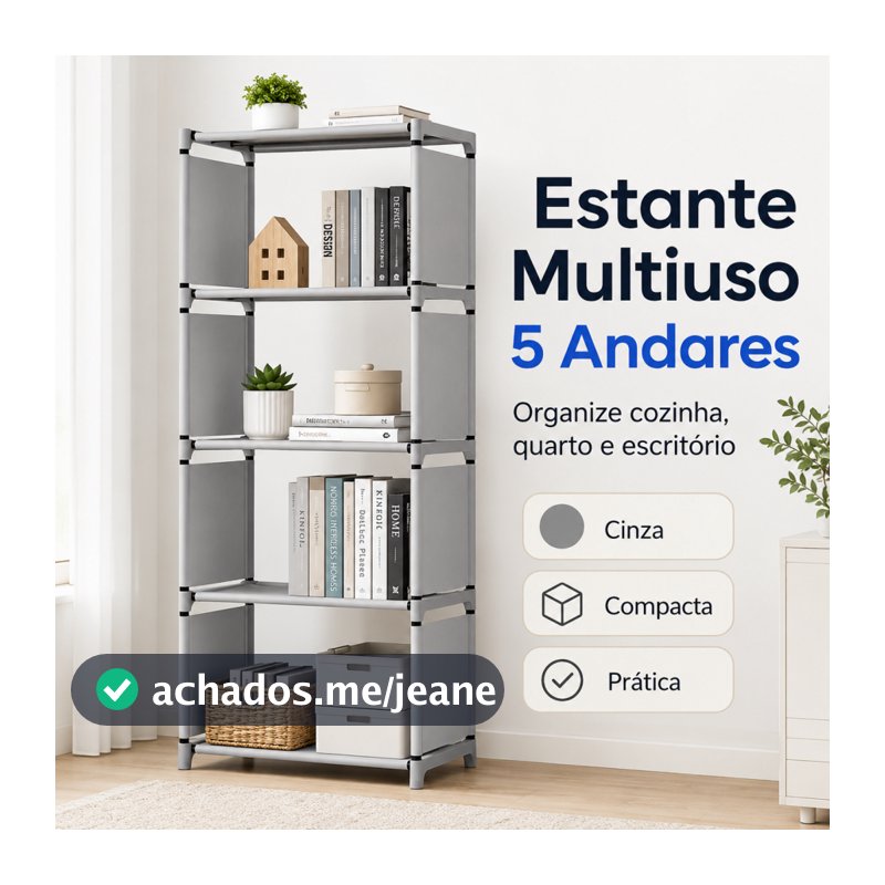 Estante 5 Andares Prateleira Organizadora Multiuso Cinza para Cozinha Quarto Sala Escritório