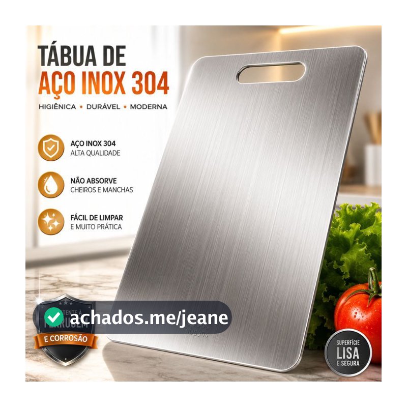 Tábua de Corte Profissional Aço Inox 304 Higiênica Antibacteriana Carne Frutas Legumes P ou G