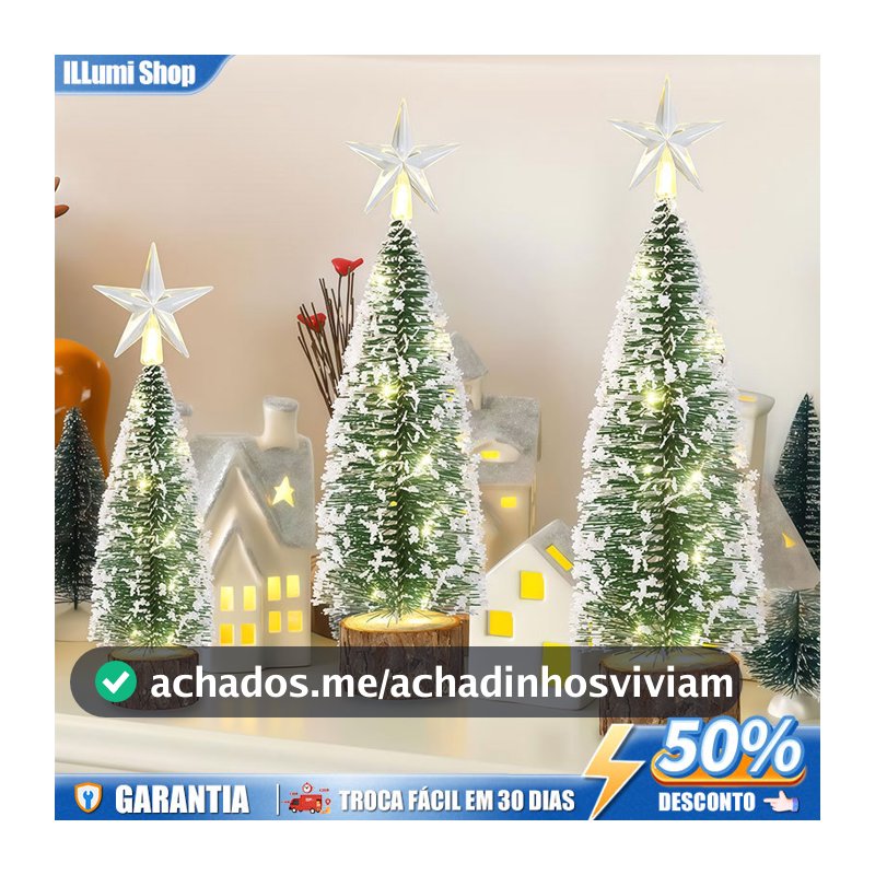 1, 3 ou 6 Luminária LED Árvore de Natal Mini Nevada 18cm com Base de Madeira Decoração Natalina Mesa Casa Escritório