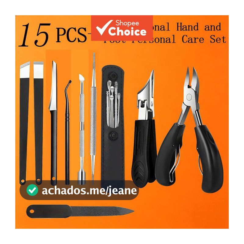 Conjunto de Manicure e Pedicure em Aço Inoxidável 15 peças: cortadores de unhas, tesoura de cutícula, empurrador e
