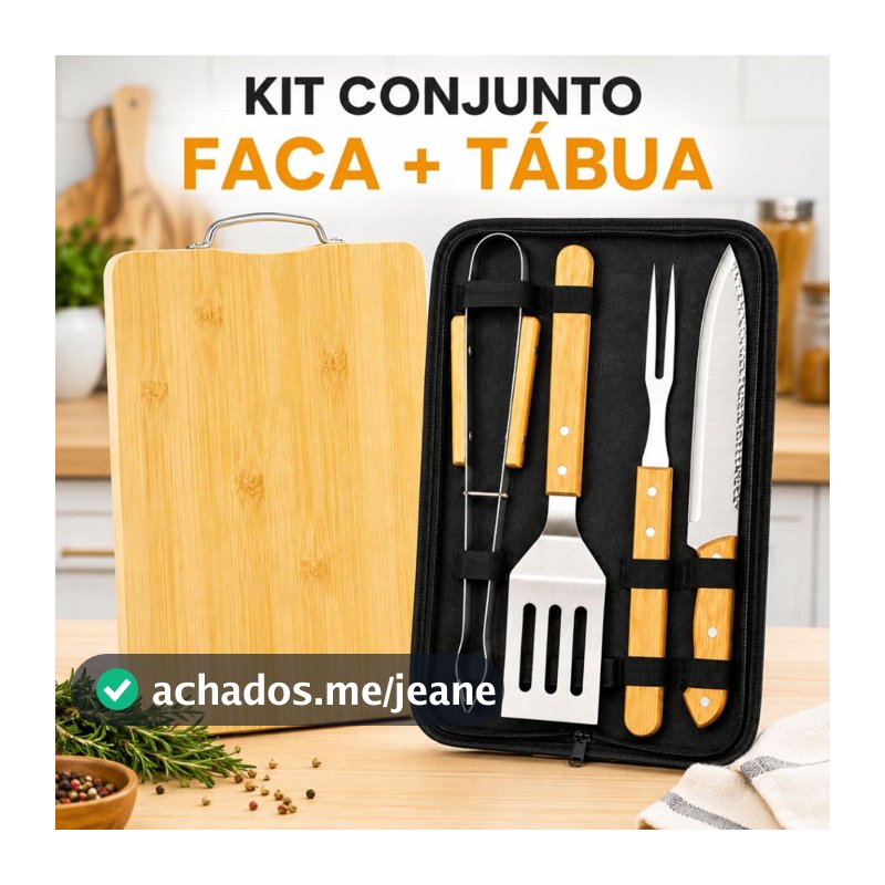Kit Jogo De Facas Com Tábua Conjunto Estojo Completo Inox Bambu Moderno Cozinha Churrasco Carne