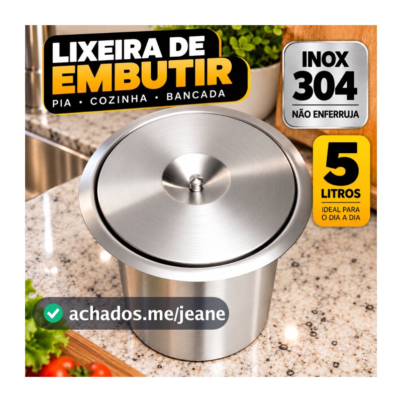 Lixeira para Embutir Pia Cozinha 5 Litros Inox 304 - Cesto Granito Marmore Enferruja Polida Escovada