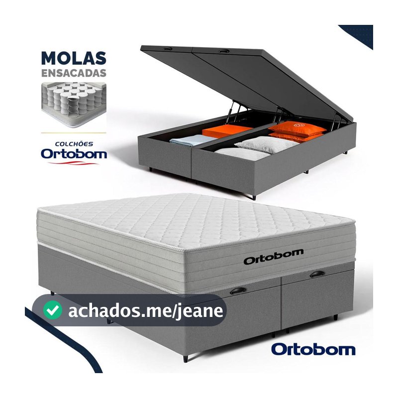 Cama Box Baú com Colchão de Molas Ensacadas Ortobom One Face Plenno Superpocket Queen 158cm