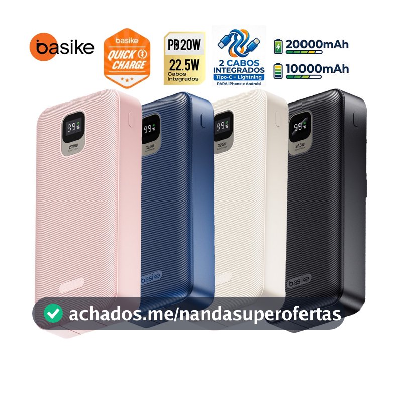 BASIKE Carregador Power Bank 20000mah/10000mah Portátil Rápido 22,5W com IOS e cabo Tipo C