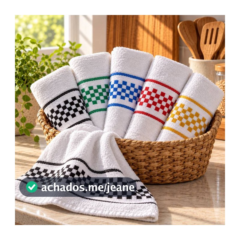 Kit 5 Panos de Prato Copa 100% Algodão 40x65cm Atoalhados Super Absorventes com Barra Xadrez Decorativa