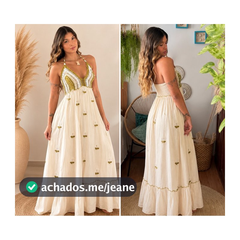 Vestido Indiano longo ,Boho, alto luxo com croche,bordado de alça
