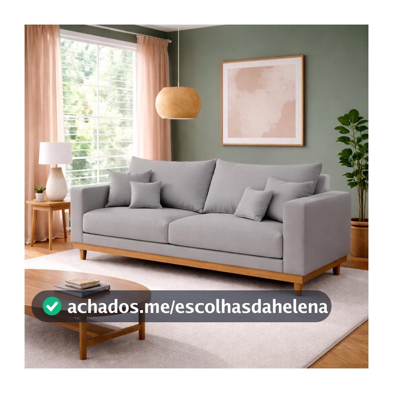 Sofá 3 Lugares Living Com Base Madeira Linho Balaqui Decor
