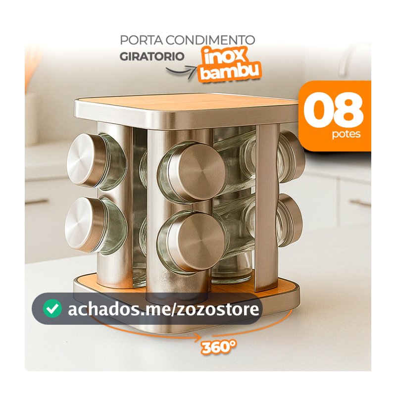 Porta Temperos Giratório Inox e Bambu com 8 Potes – Organizador 360° de Cozinha