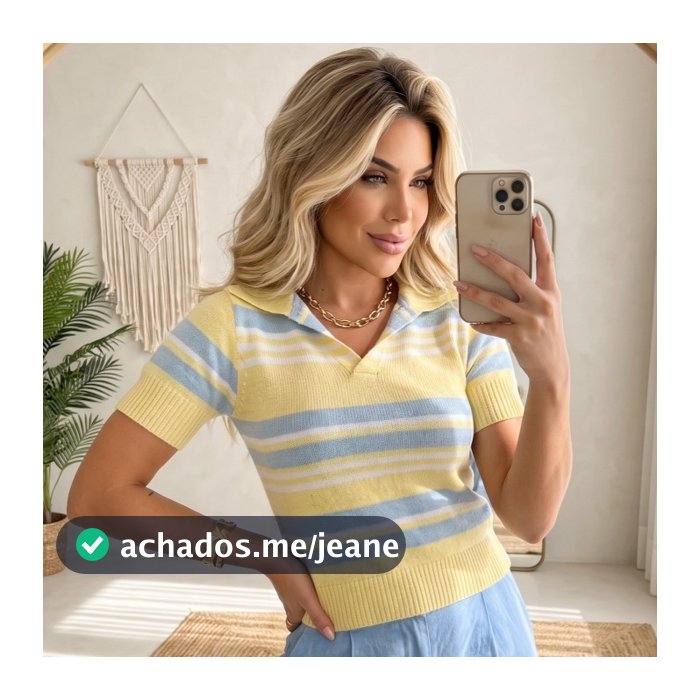 Blusa Feminina Gola Polo Listrada Tricot Modal Premium Manga Curta Verão Tricô