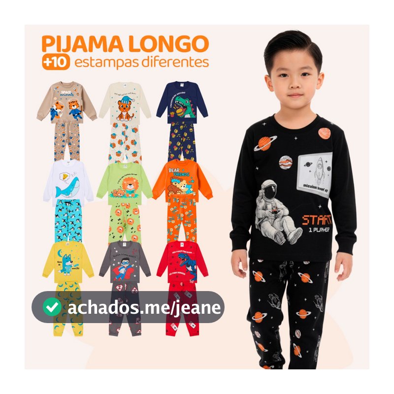 Kit Sortido 10 Peças Pijama Infantil Menino Manga Longa (5 Camisetas + 5 Calças) Tamanho 1 ao 10