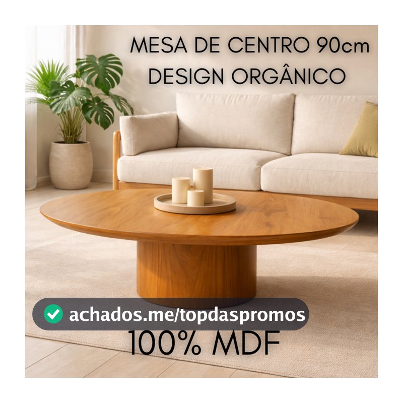 Mesa De Centro Madeira MDF 90cm Tampo Orgânico Rústico Para Sala Estar Varanda Área Gourmet