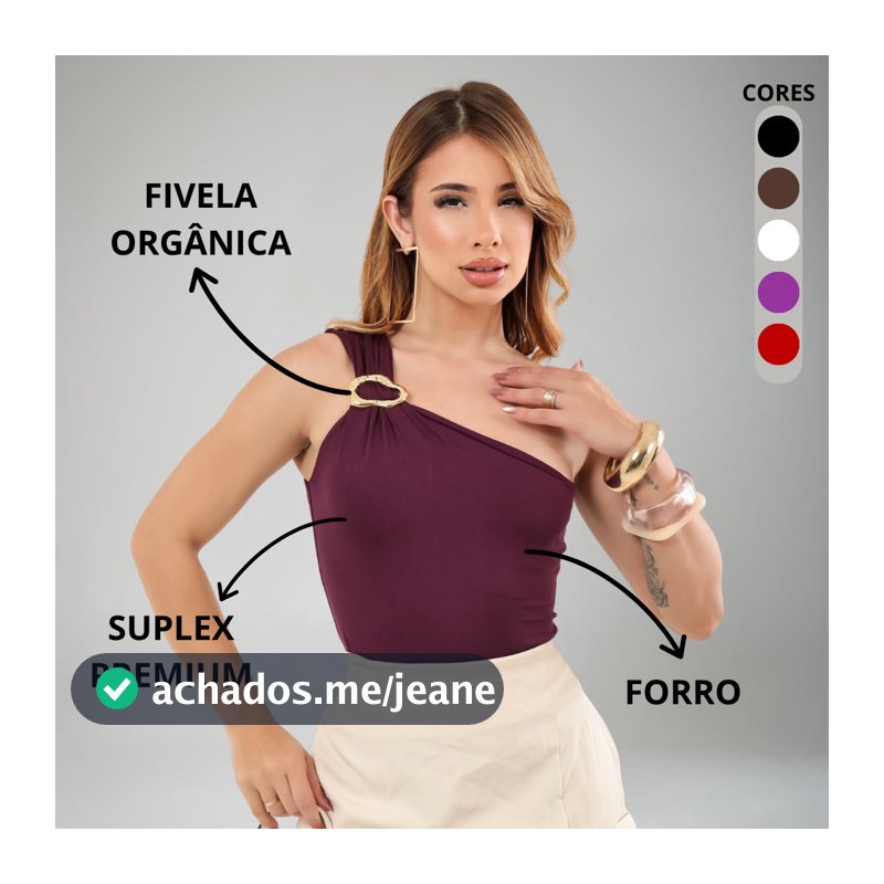 Body Feminino Ombro Único Fivela Dourada Orgânica Suplex Premium Com Forro Tendência Blogueira