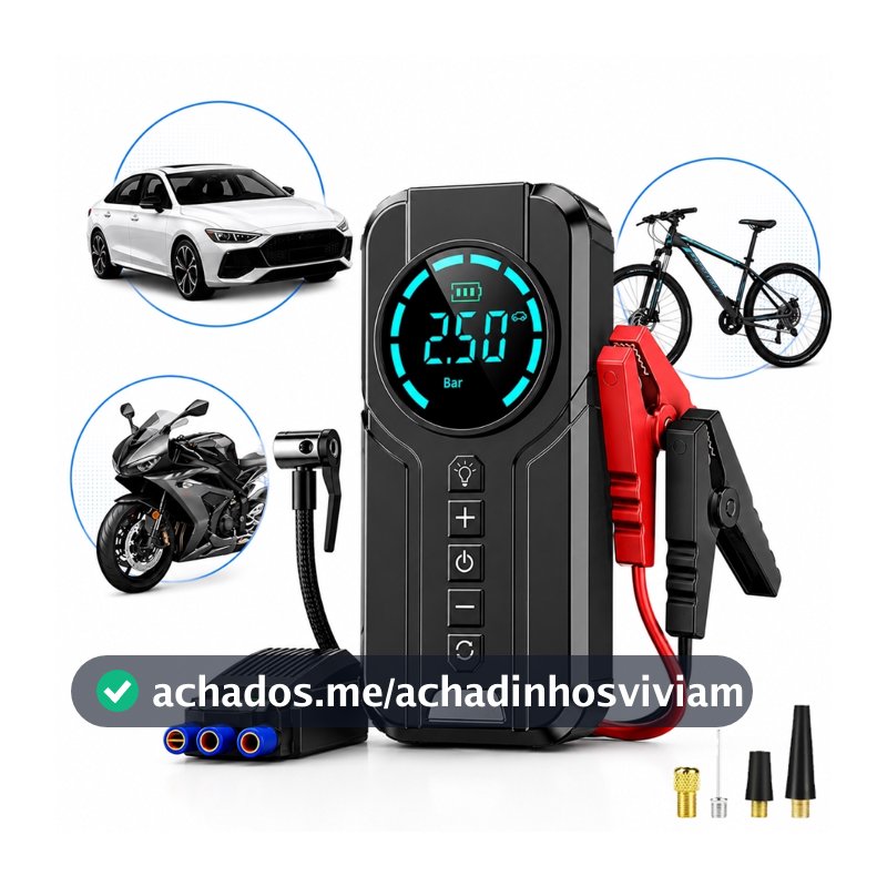 Auxiliar de Partida Carregador Bateria Com Compressor de Ar Emergência Portátil Veicular Automotivo