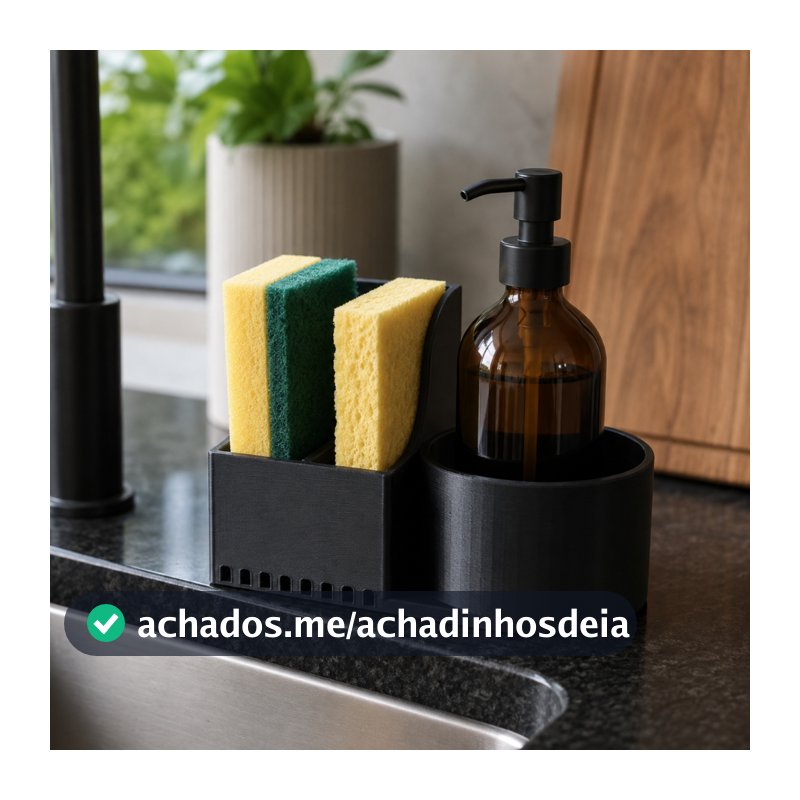 Organizador de Pia Preto Porta Detergente Sabão Bucha Esponja com Dreno de Água Compacto Cozinha