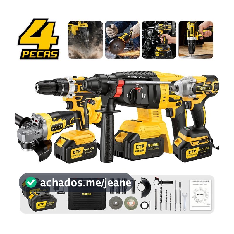 Kit 4 em1 Ferramentas Martelete Esmerilhadeira Lixadeira Parafusadeira Chave Impacto 2 Baterias 48v