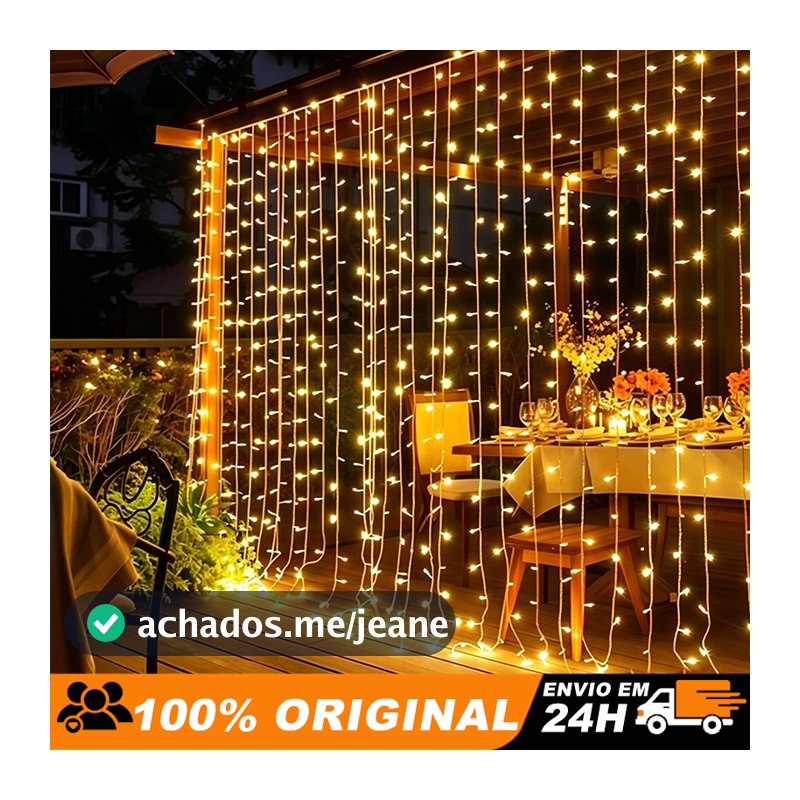 Luz Cortina LED 3x3 Amarela Intermitente Decoração Externa Romântica para Festas Casamentos e Natal