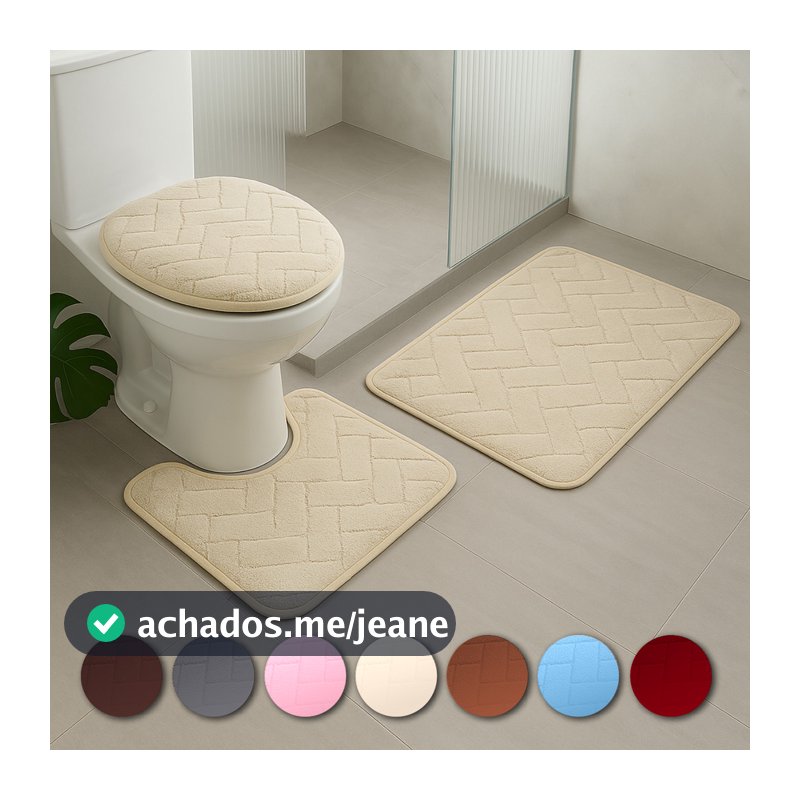 Kit Jogo 3 Peças Tapete Banheiro Premium Estampas Toque Macio Peluciado Antiderrapante Várias Cores