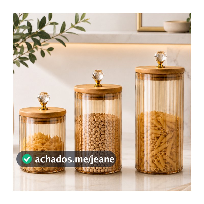 Kit de Potes de Vidro com Tampa de Bambu Hermético Canelado Âmbar Cristal Luxo cozinha organizada cantinho do café