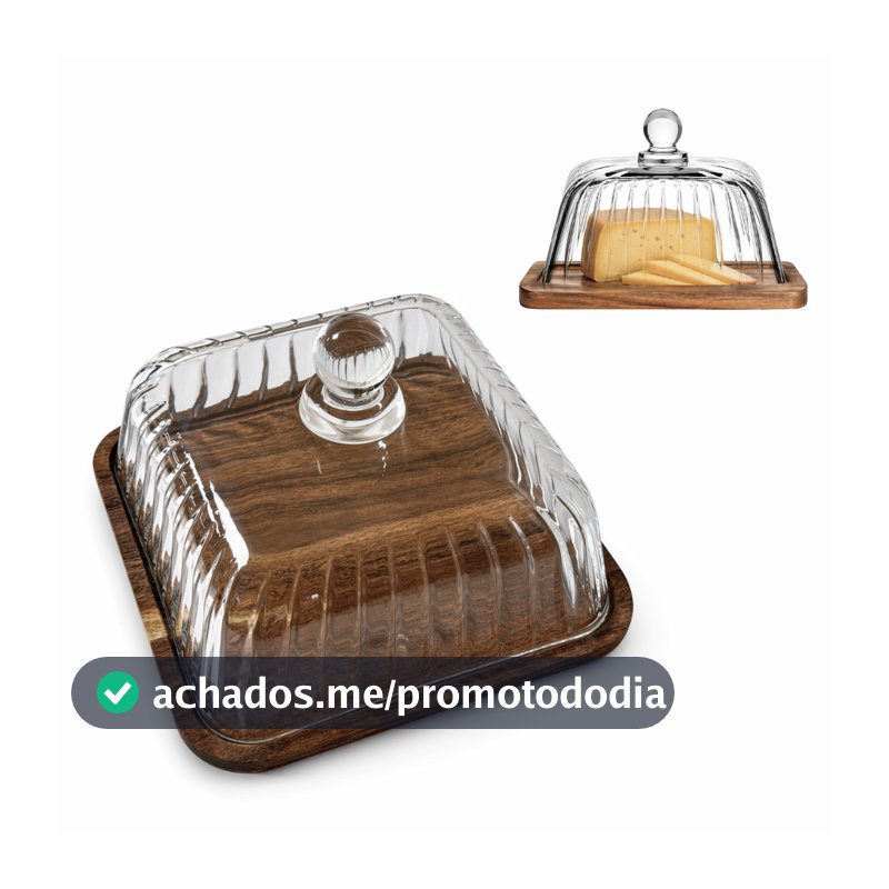 Queijeira Em Vidro Quadrada Texturizada Base em Madeira 18,5cm - Montecarlo