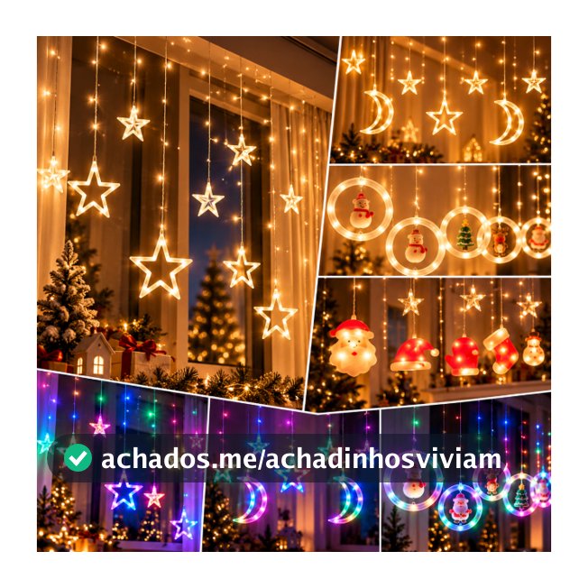 Iluminação de Natal Decoração Cascata Pisca-Pisca Led Estrela Lua Papai Noel Sacada Luz RGB Amarela