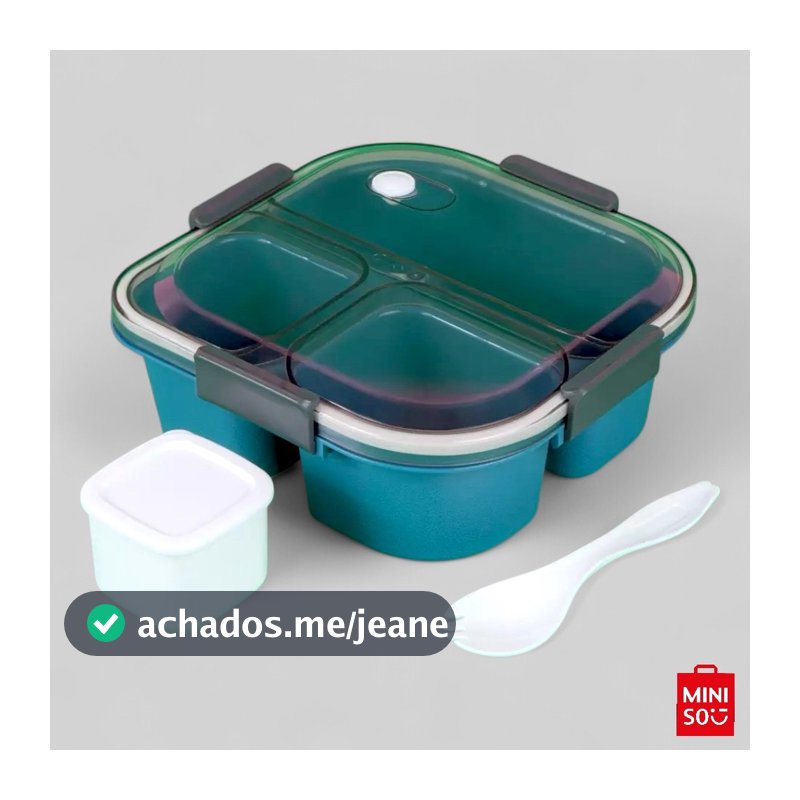 Bento Box Marmita 1200ml com 3 Divisórias, Porta Talher e Porta Molho – Tampa Vedação Azul