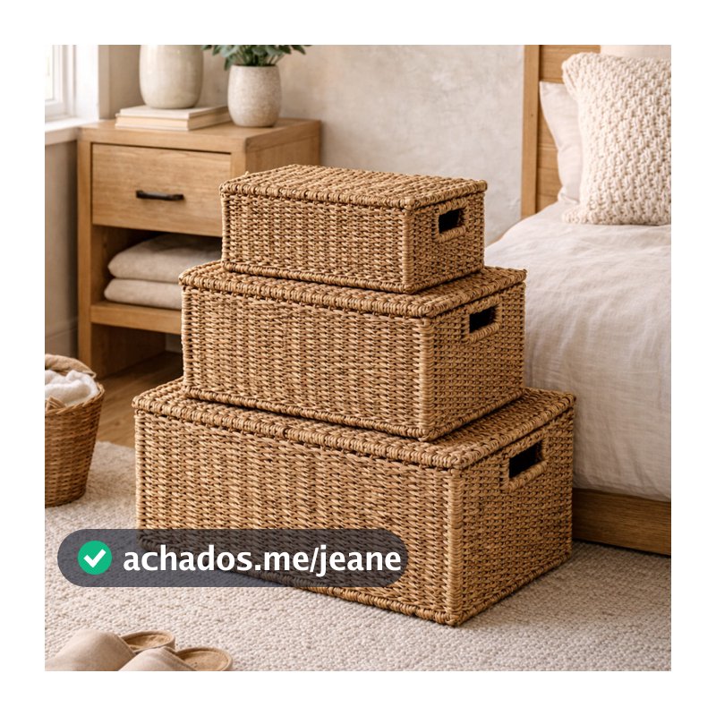 Jogo 3 Cestos Decorativos Organizadores Dobráveis Em Seagrass E Metal Com Tampa