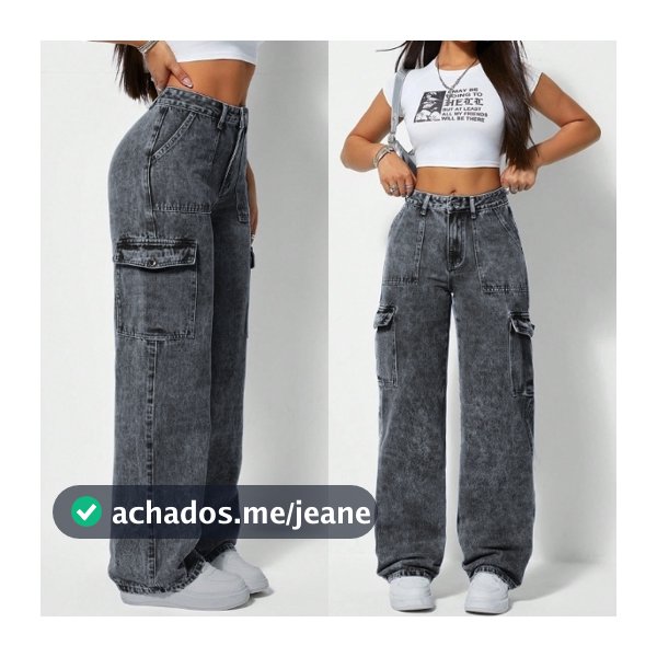 Calça Cargo Jeans Feminina Wid Leg Pantaona Cintura Alta 100% Algodão