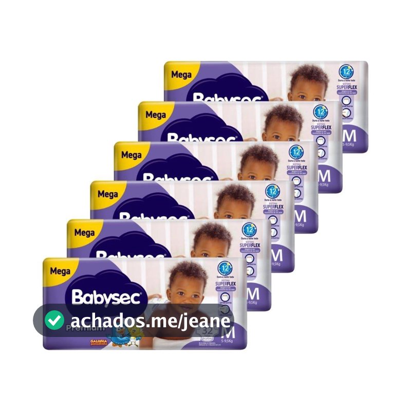 Fralda Descartável Babysec Premium Mega Tamanho M - 6 Pacotes com 32 Fraldas - Total 192 Tiras