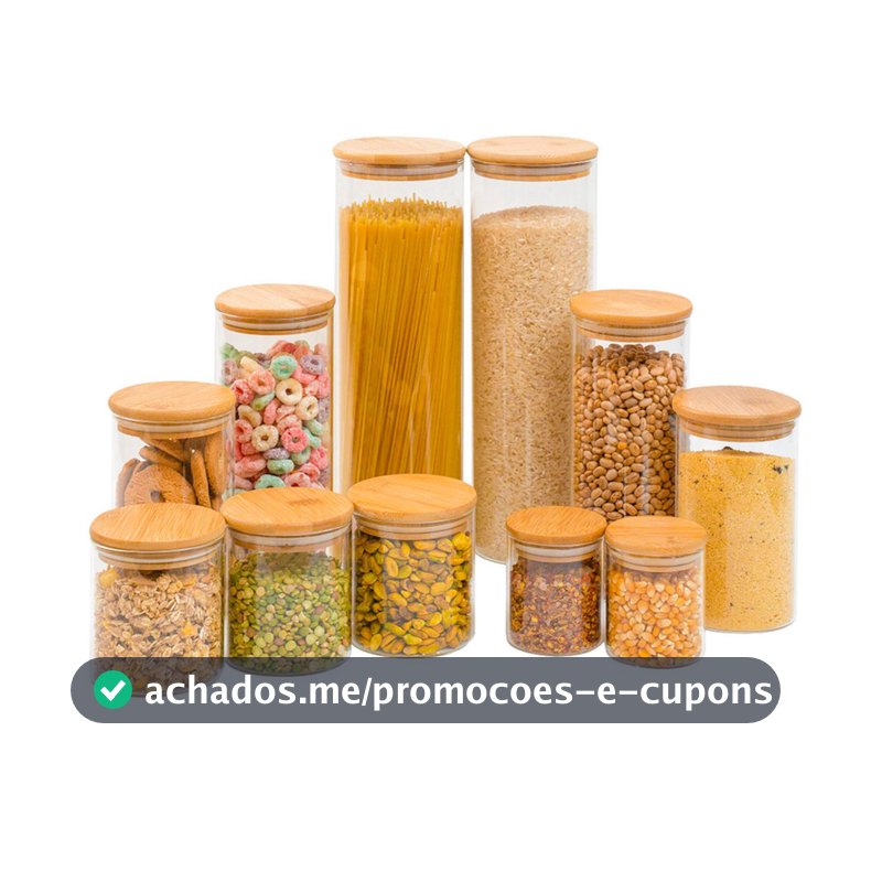Kit 11 potes de vidro com tampa de bambu herméticos redondos - Tüd