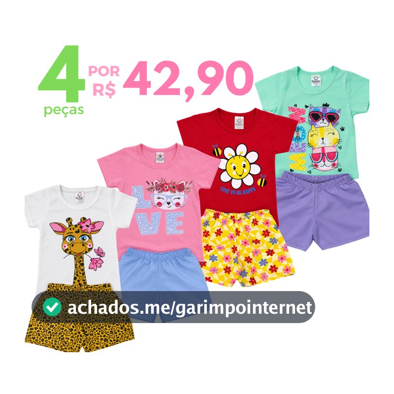 Kit 4 Peças 2 Conjunto Verão Roupa Infantil Menina Sortidos 2 Camiseta + 2 Shorts Liso ou Estampado