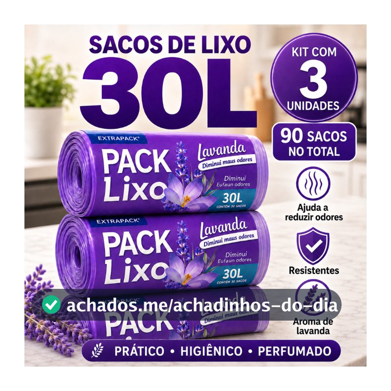 Kit 3 Saco De Lixo 30L Perfumado Lavanda Neutra Odores Reforçado Cozinha Banheiro Casa 59x62