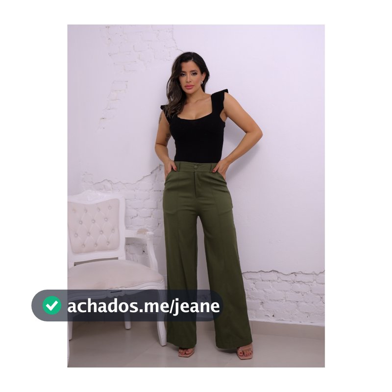 Calça pantalona linho com elastano com bolso e botão zíper