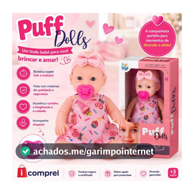 Boneca Puff Dolls Com Chupeta Rosa Menina Brinquedo Infantil Bebê