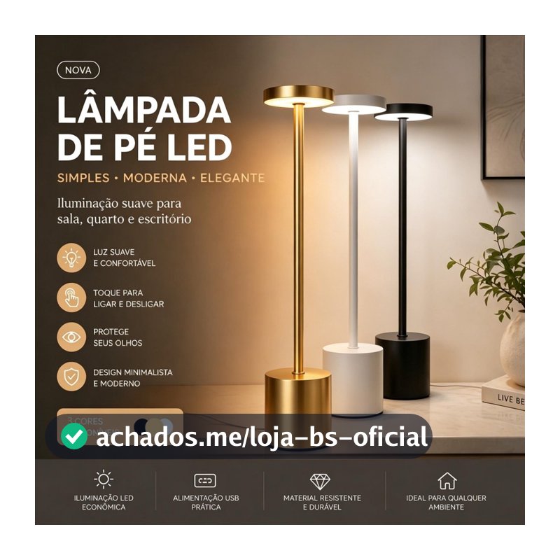 Luminária de Mesa Abajur Cabeceira Escrivaninha LED 3 em 1 Recarregável Tipo C Preto Cromado Dourado