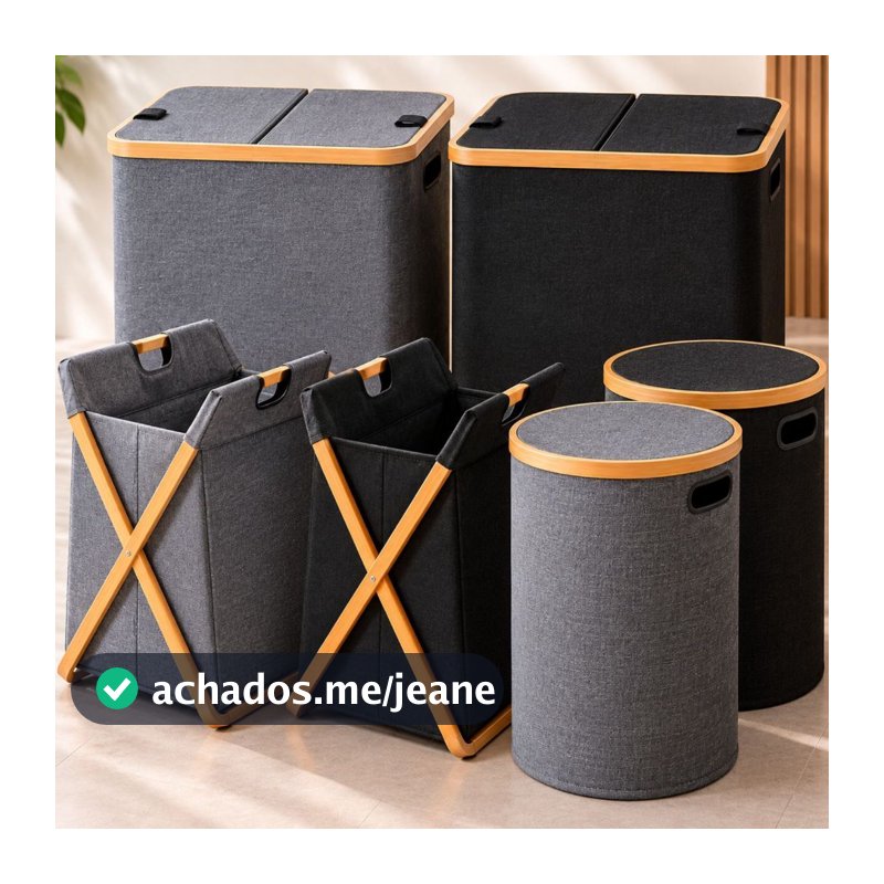 Cesto de Roupa Suja Organizador em BambuTecido Oxford com Tampa Dobrável para Lavanderia 57L 90L 95L