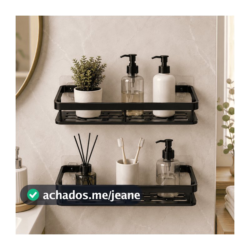 Prateleira Plástica Banheiro Adesiva Sem Furar Porta Shampoo Reta Canto Kit 1 2 Branco Preto