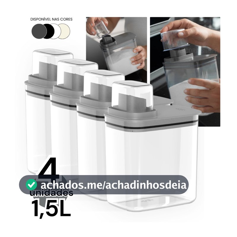 Kit 4un Dispenser Flow 1,5 Litros Porta Sabão Líquido em Pó Amaciante Alvejante Organizador Armário de Lavanderia