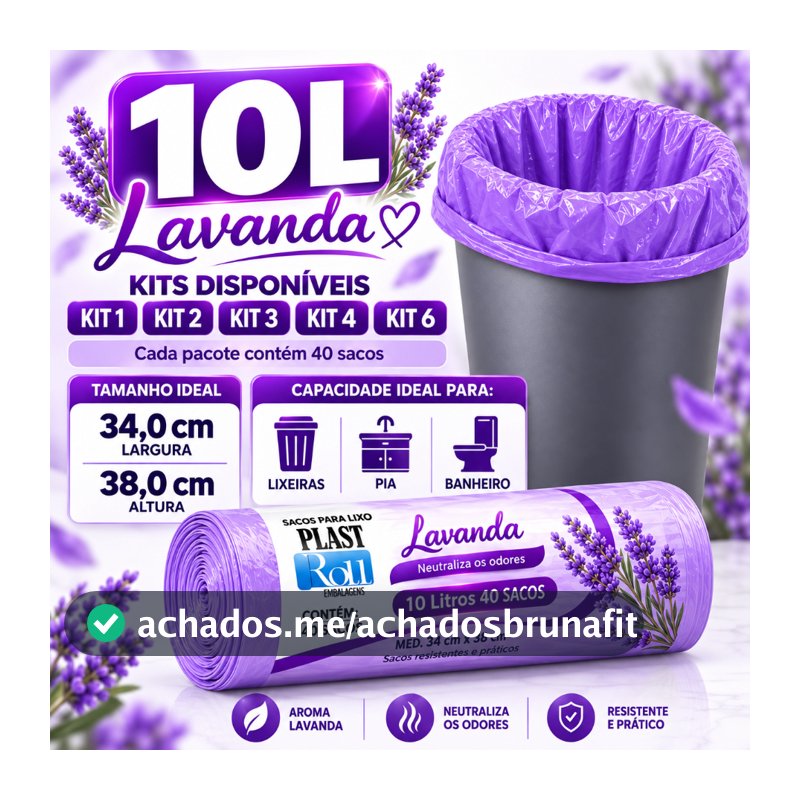 Kit Saco de Lixo Perfumado Lavanda 10L Anti Odor Banheiro Pia Cozinha Lixeira 40 Sacos por Rolo